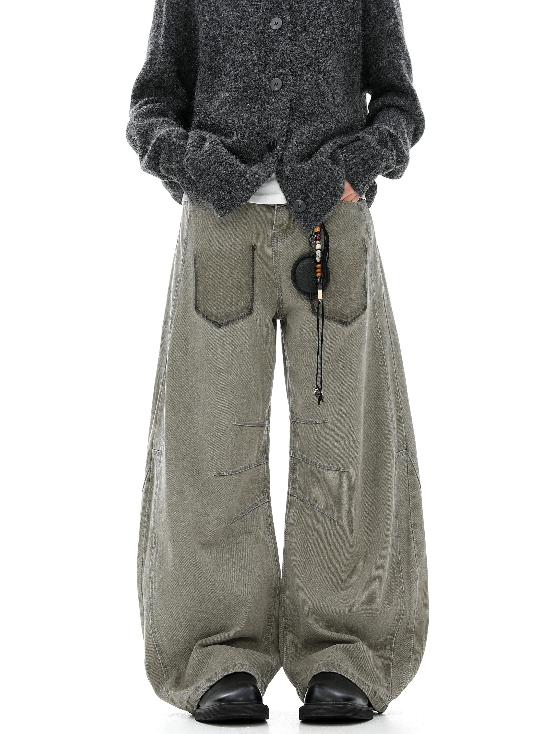 

American High Street Washed Vintage Knife Jeans Men's Loose Casual Drapey Cleanfit Trousers Trendy mid Waist Zipper Winter