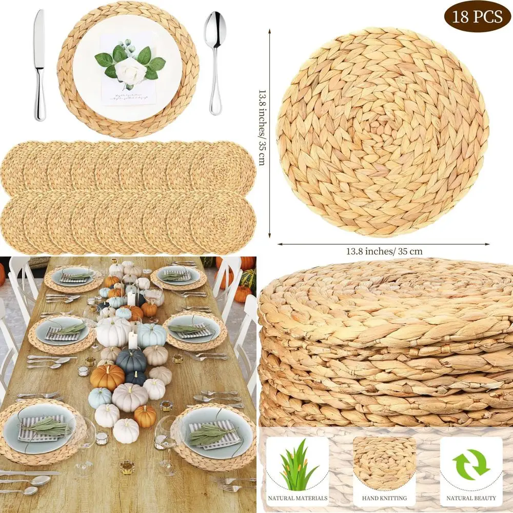 

Bulk 18 Set Round Woven Rattan Placemats, 13.8 Inch Diameter, Water Hyacinth Tablemats for Dinner, Wedding, Boho Style Kitchen D