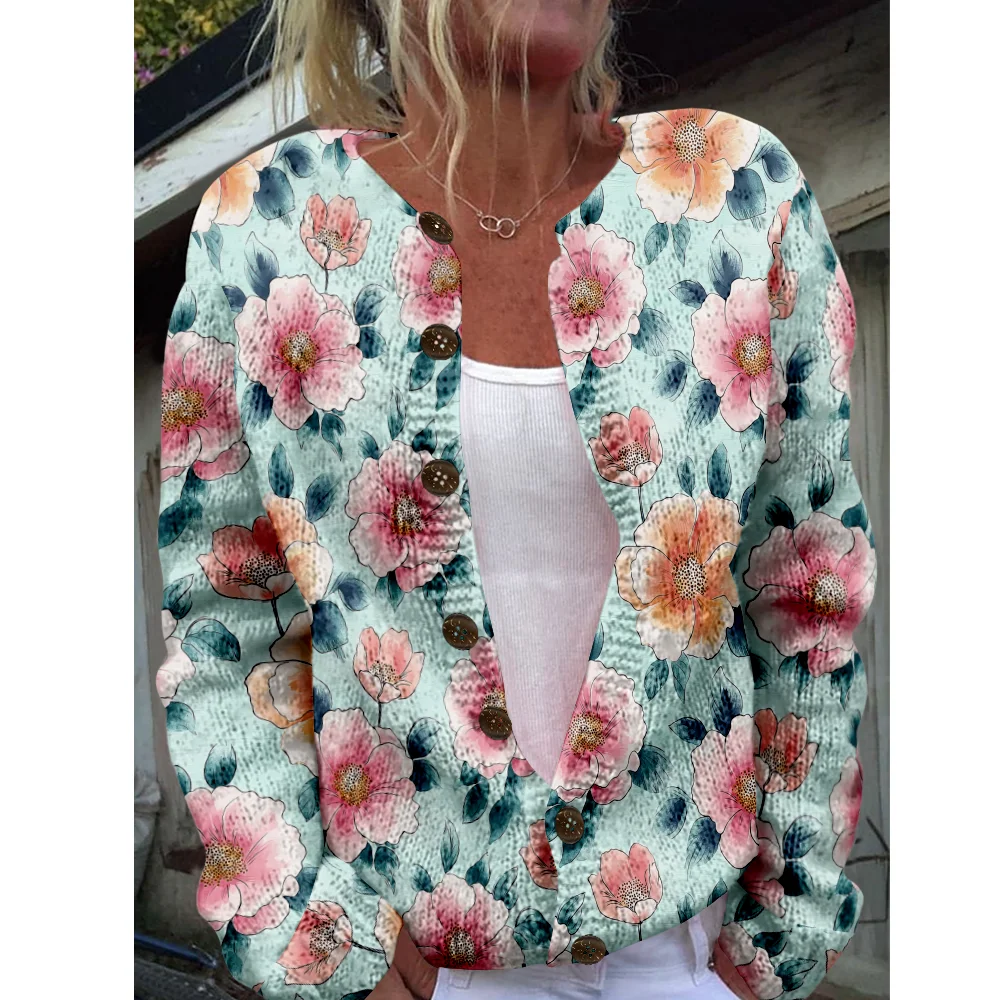 

Осень-зима вязаный милый кардиган с цветочным принтом, свитер, уличная одежда, женские свитера, вязаный топ, повседневные крутые джемперы, модные
