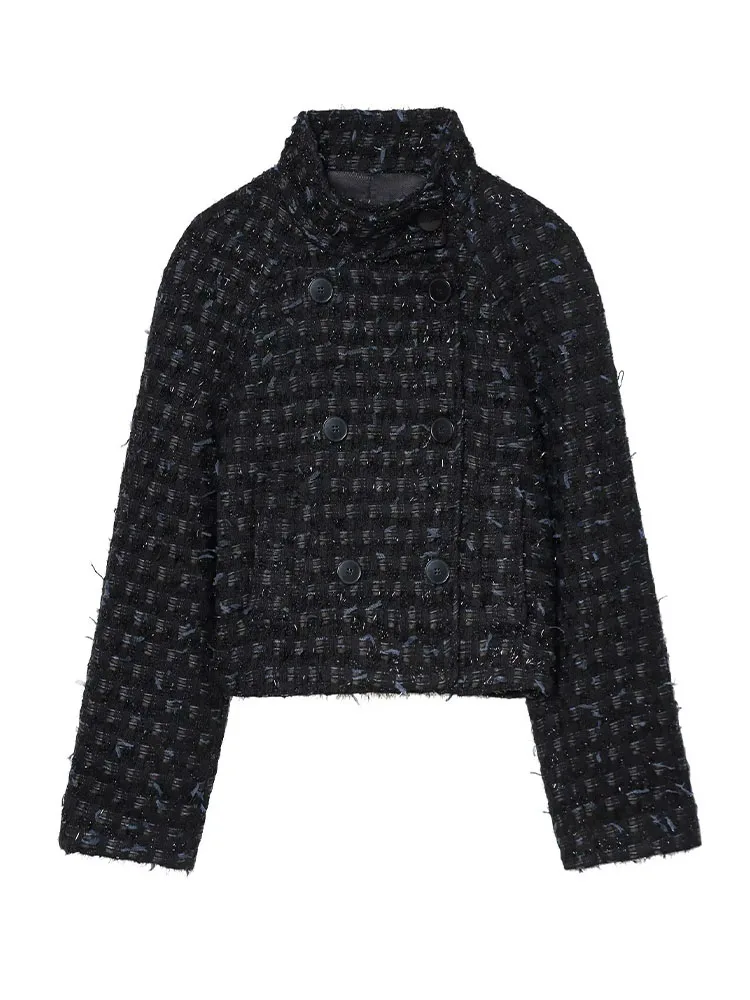 

HH Women Fashion Versatile Stand Collar Metallic Thread Structure Double-Breasted Coat Female Casual Woolen Short Jacket Mujer