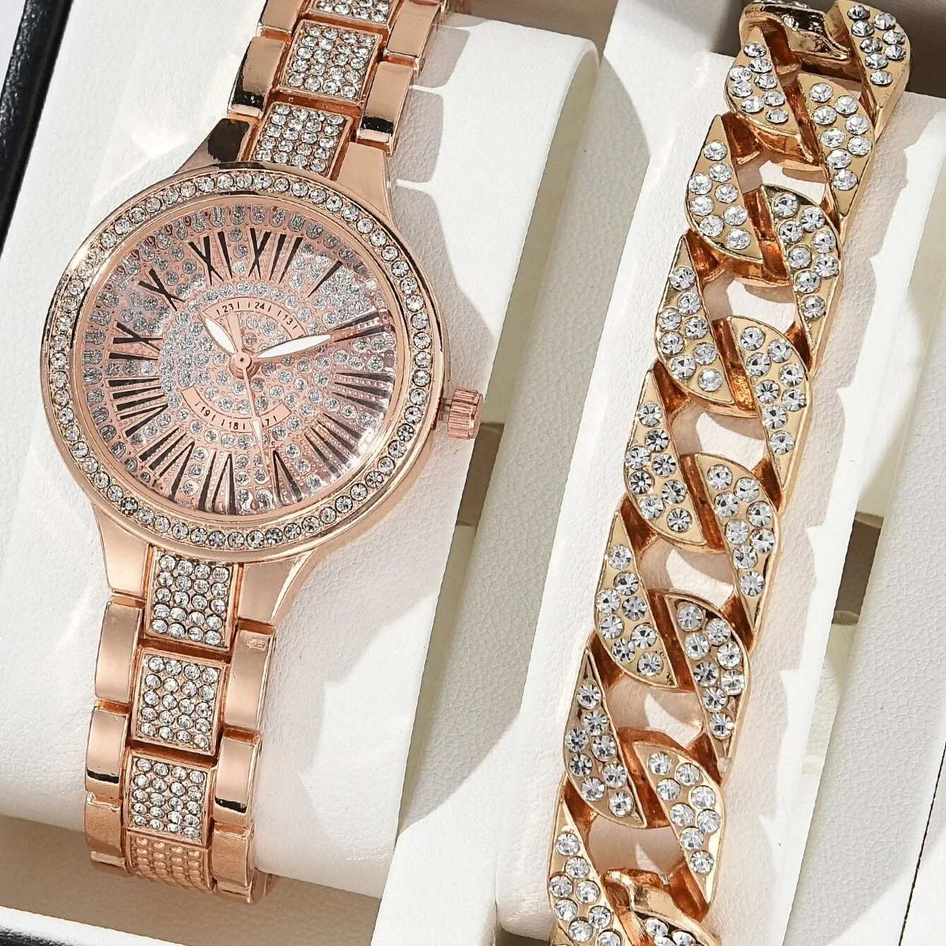 2pcs/set 1pc  Large Dial Square Rhinestone Watch + 1pc Chain Bracelet