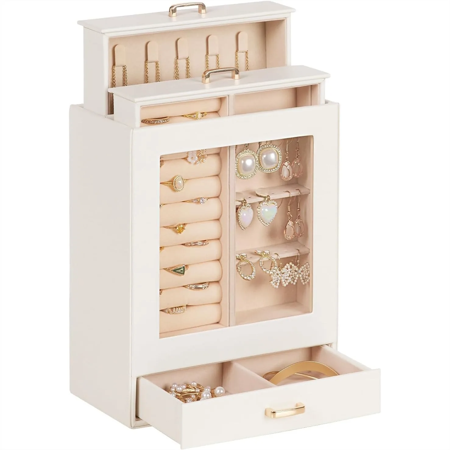 Jewelry Box for Women with 3 Drawers, White PU Leather Necklace Earring Bracelet Organizer Storage Case for Gifts