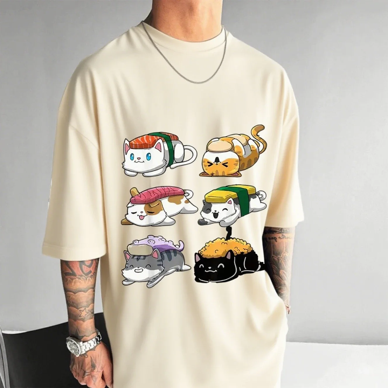 2026 Sushi Katze Übergroßen Grafik T Shirt Mann Frauen Kurzarm T Sommer Kawaii Niedlichen Tier Druck Casual Streetwear Tops