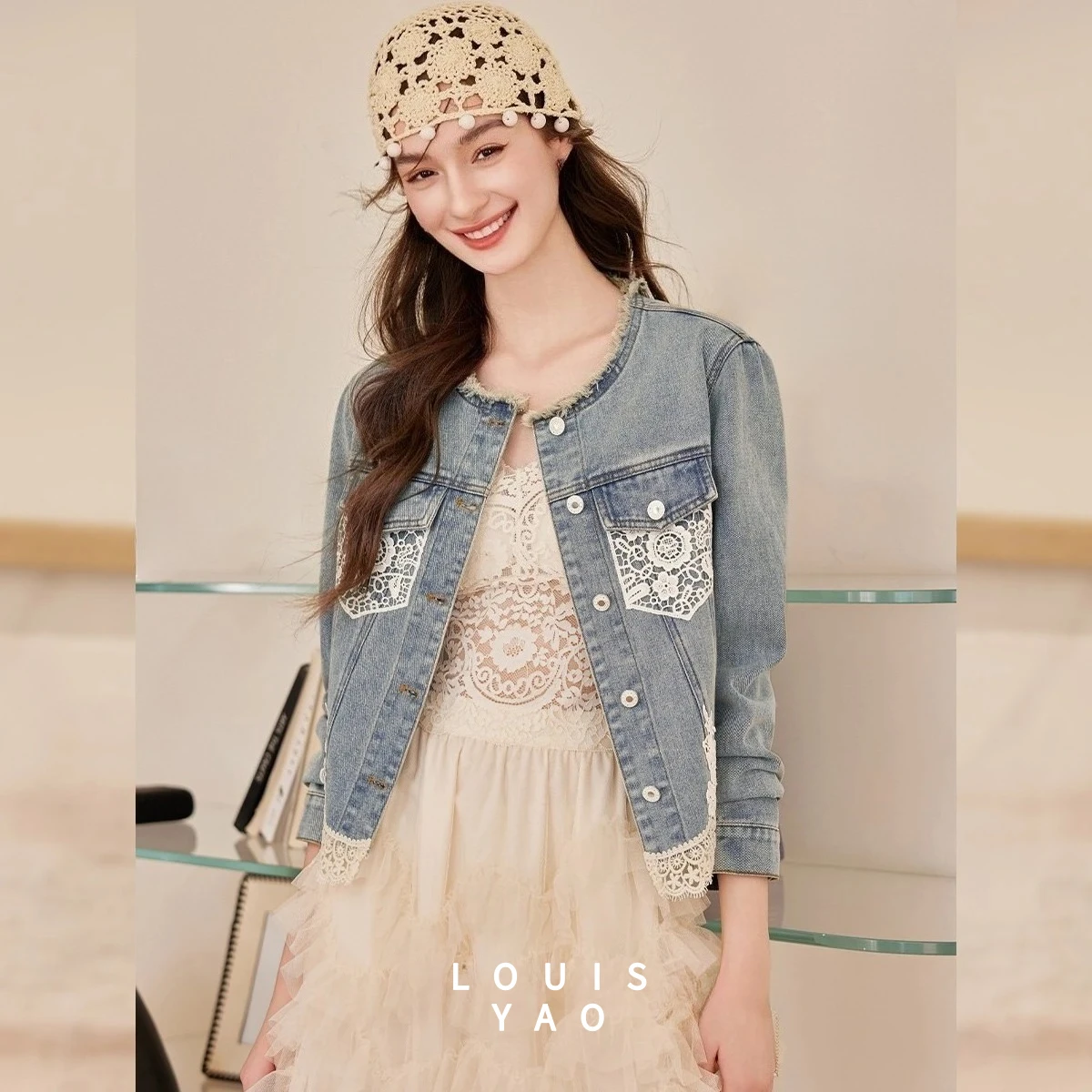 

LOUISYAO Patchwork Lace Denim Jacket 2025 Spring/Summer Top Coat Elegant Non-stretch Raw Edges Washed Women's Jackets