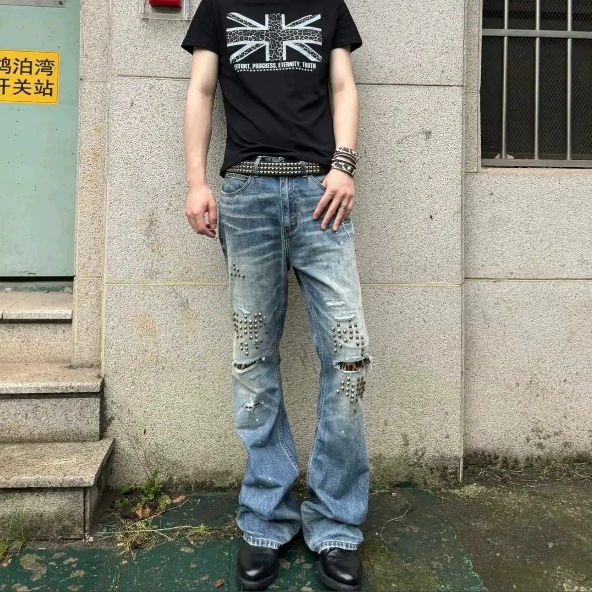 Men's Rivet Hole Leopard Print Blue Jeans Casual Pants Wide Legs Sweatpants Street Boys Bottom Male High Waist Unisex Trousers