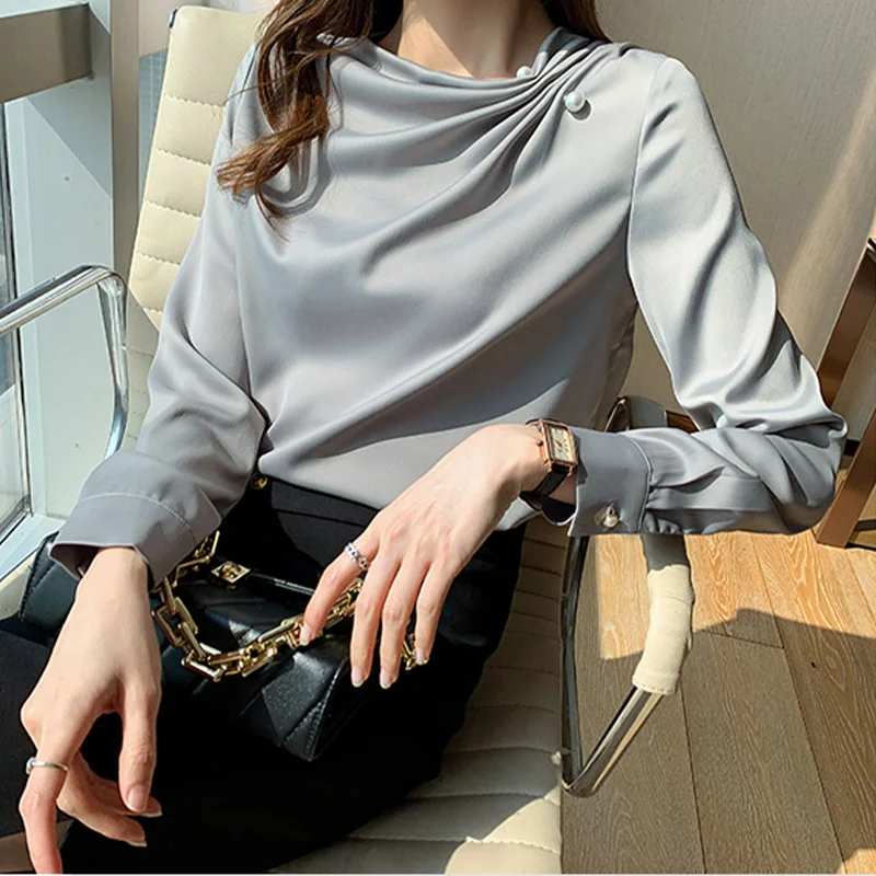 Women Clothing Western Style Solid Tops Elegant Loose Chic Button Chiffon Shirts Autumn New Simple Casual Long Sleeve Blouse