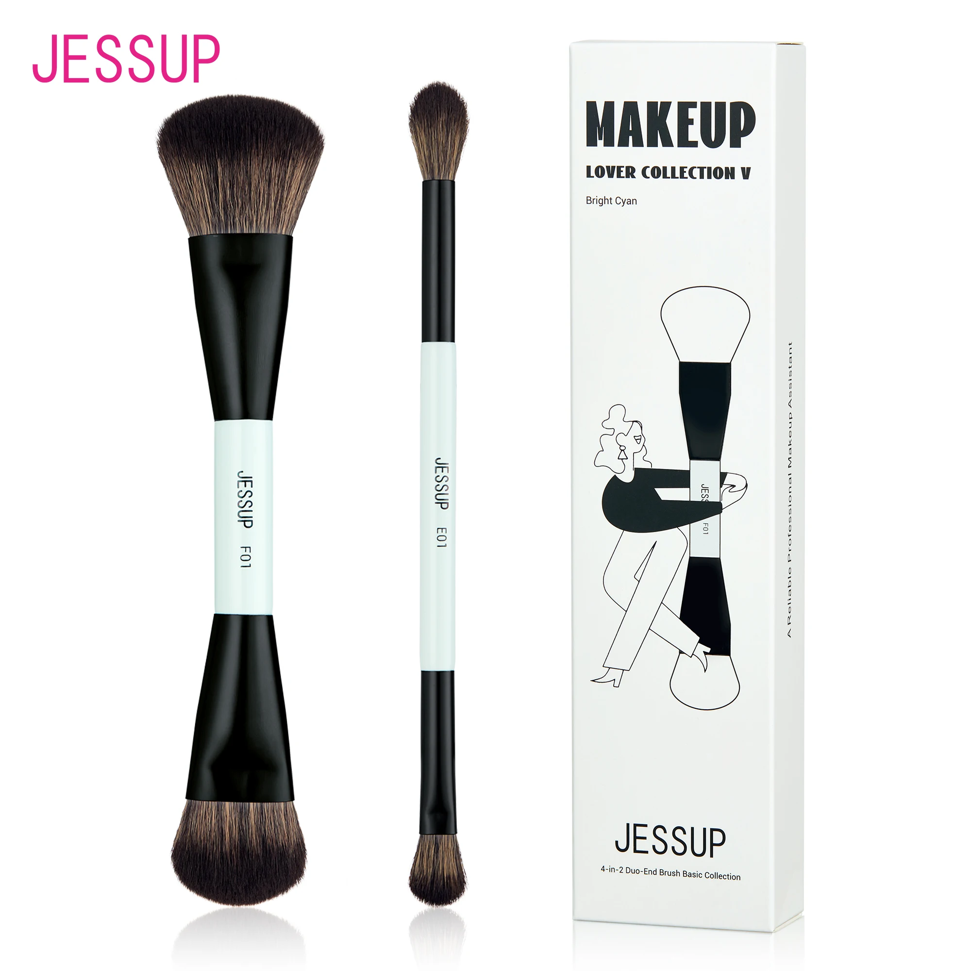 Jessup Makeup Brushes 2pcs,Double Sided Foundation Brush Contour Dual Ended Eye Blending Brush,Multi-functional,Bright Cyan T502