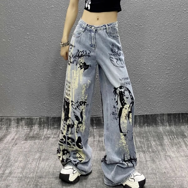 Spray-painted Ink Design Washed Jeans For Women 2024 Autumn New High-waisted Loose Printed Versatile Straight Wide-leg Pants