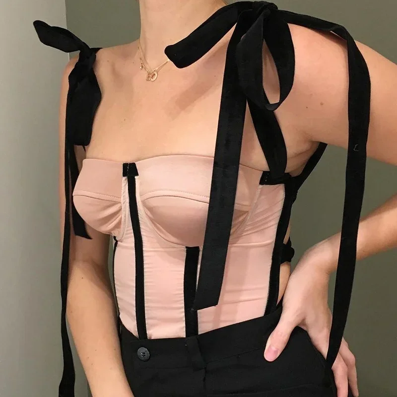 

Women's Sexy Off-shoulder Monochromatic Suspenders Slim-fit Vest Top Fashion Pink Black Sleeveless Bandage T-shirt Y2k Tops