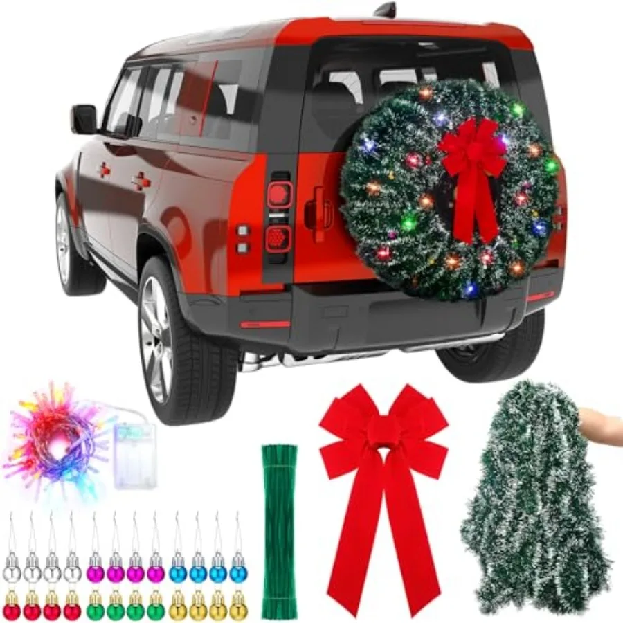 

LED Christmas Car Spare Tire Decoration Make Your Own Truck Wreath 196.8 Feet Tinsel Garland 24 Pcs Christmas Balls Ornaments B