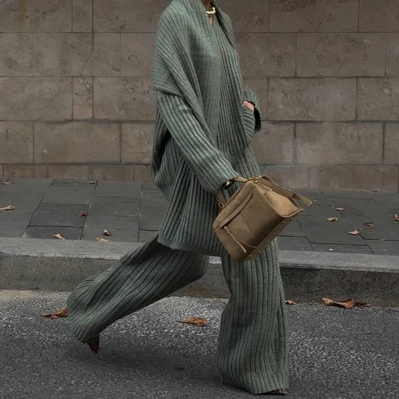 Moda retro conjunto de camisola de malha com cachecol cor sólida casual chique calças femininas 2 pçs conjunto outono inverno na moda roupas femininas