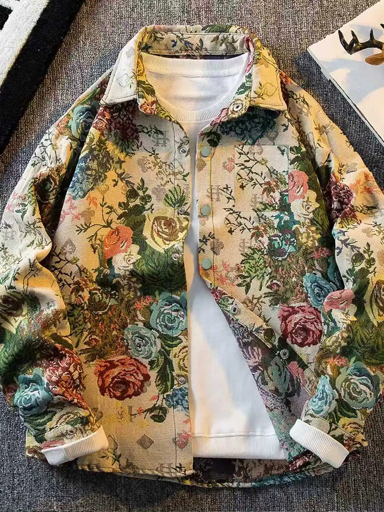 Retro rose high-end jacket jacket men's spring and autumn light luxury trendy brand ins ruffian handsome lapel jacket