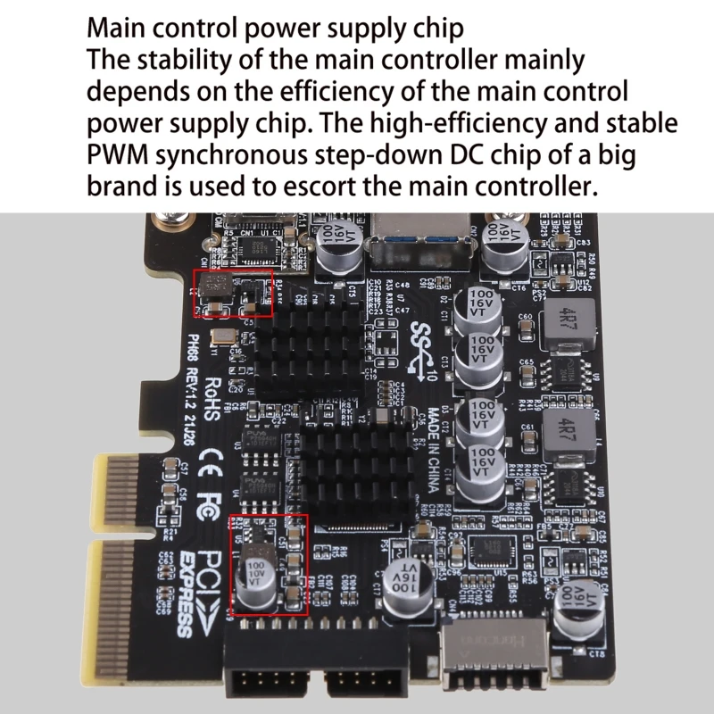 2 Ports PCI-E 4X to USB 3.2 Gen 2 A Type C Expansion Card front Type E 19P/20P Connector 10Gbps Full Speed Transmisson