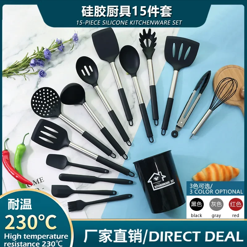 15 Pcs Silicone Spatula Soup Spoon Stainless Steel Spatula High Temperature Resistant Non-stick Surface Silicone Kitchen Set