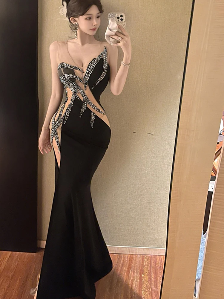 European and American style women exposed legs high fork slimming dress long skirt High end temperament socialite dress