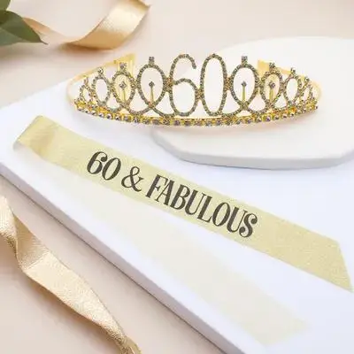 60th Birthday Crown and Shoulder Strap Set – Elegant Sparkly Decor for Women