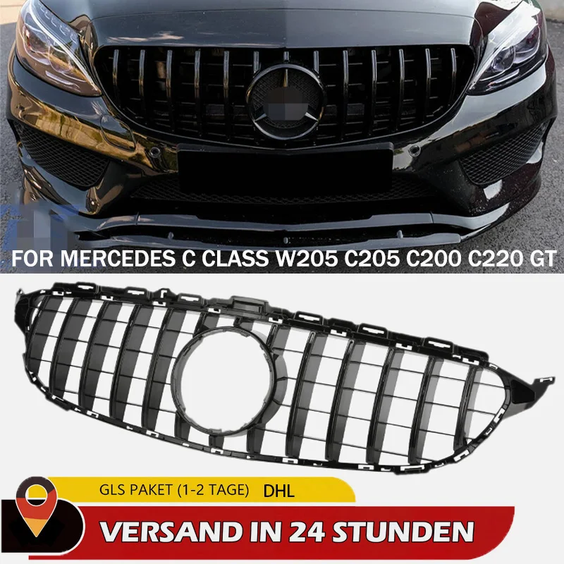 Image of Rennsport-Kühlergrill Chrom Schwarz Frontstoßstangengrill für Mercedes Benz C-Klasse W205 C205 C200 C220 GT 2015 2016 2017 2018 Autozubehör für Mercedes W205 C Grill C200 C260 C180