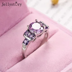 Jellystory 925 Sterling Silver Round Zircon Rings For Women Simple Vintage Purple Gemstone Wedding Anniversary Fine Jewelry