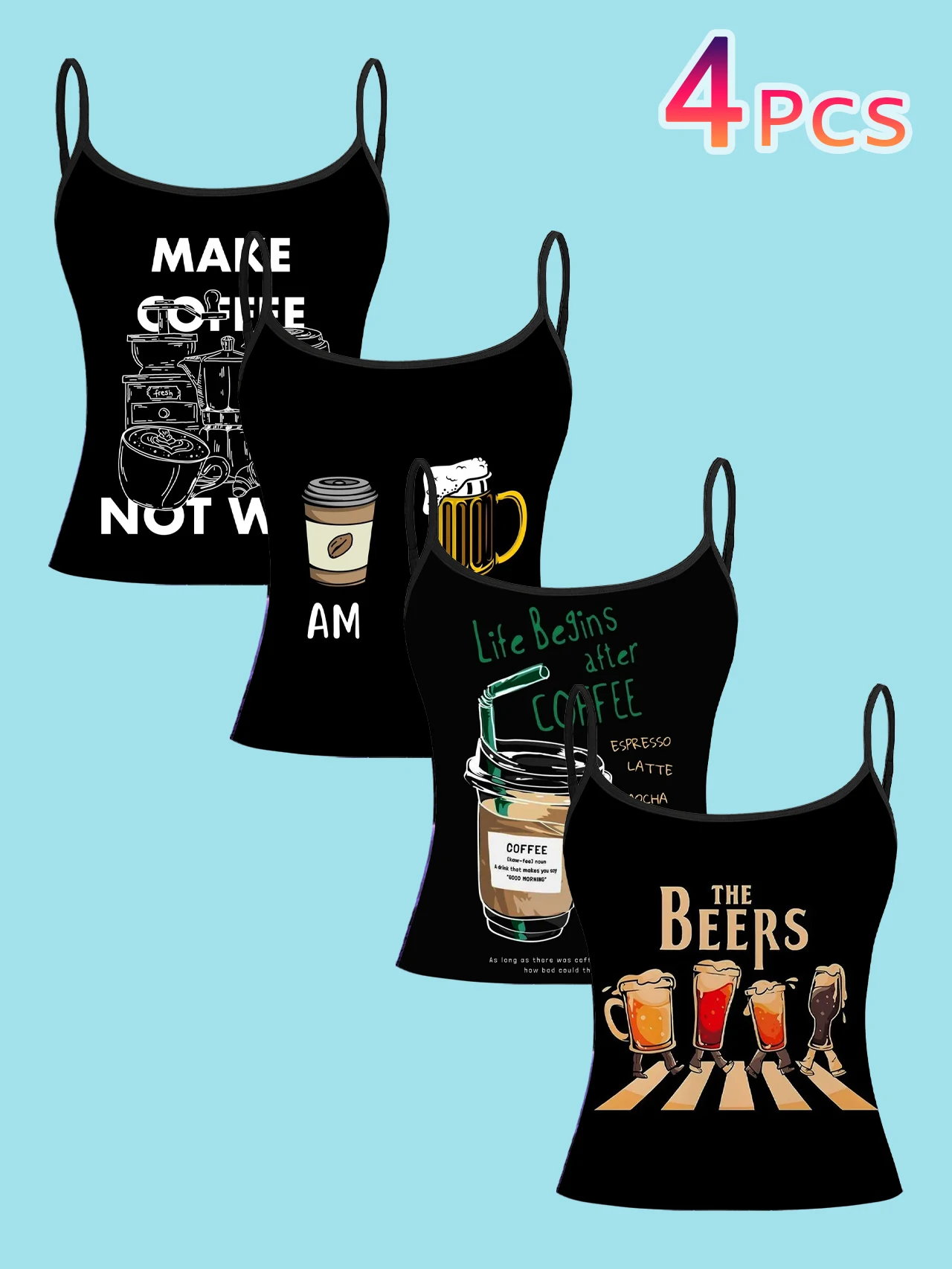 4-Piece Set of American-Style Coffee and Beer Text Print Women's Camisoles, Fun Drink English Slogan Slim-Fit Spaghetti Strap Short Camisole Tops