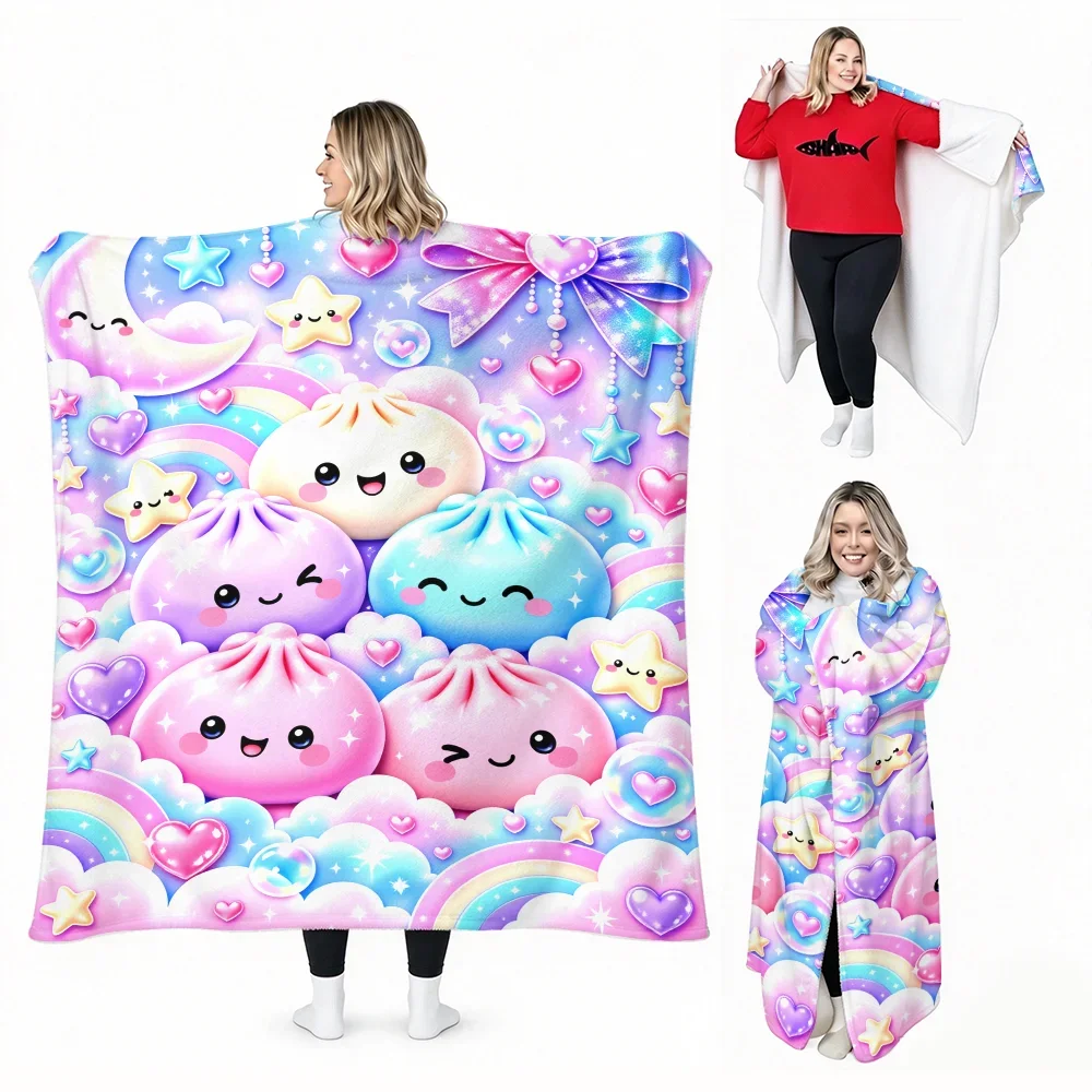 1pc Kawaii Dumpling Print Wearable Blanket-Soft, Soft and Comfortable, Unisex and Comfortable. Perfect for lounging, sleepovers,
