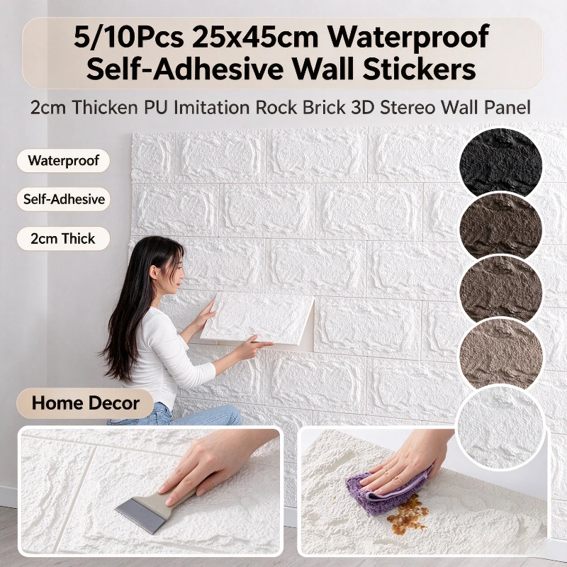 Waterproof Self-Adhesive Wall Stickers 5/10Pcs Thicken Pu Imitation Rock Brick 3D Stereo Wall Panel Home Decor