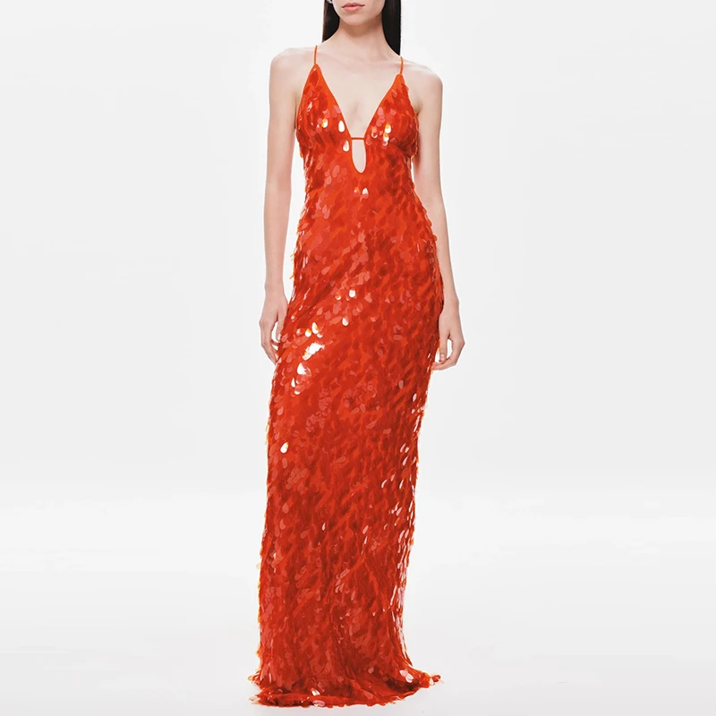 光沢のあるスパンコールのスリムサスペンダードレス レディース セクシー ノースリーブ 無地 ロングドレス エレガント ディープVネック ローカット クラブ パーティー ドレス