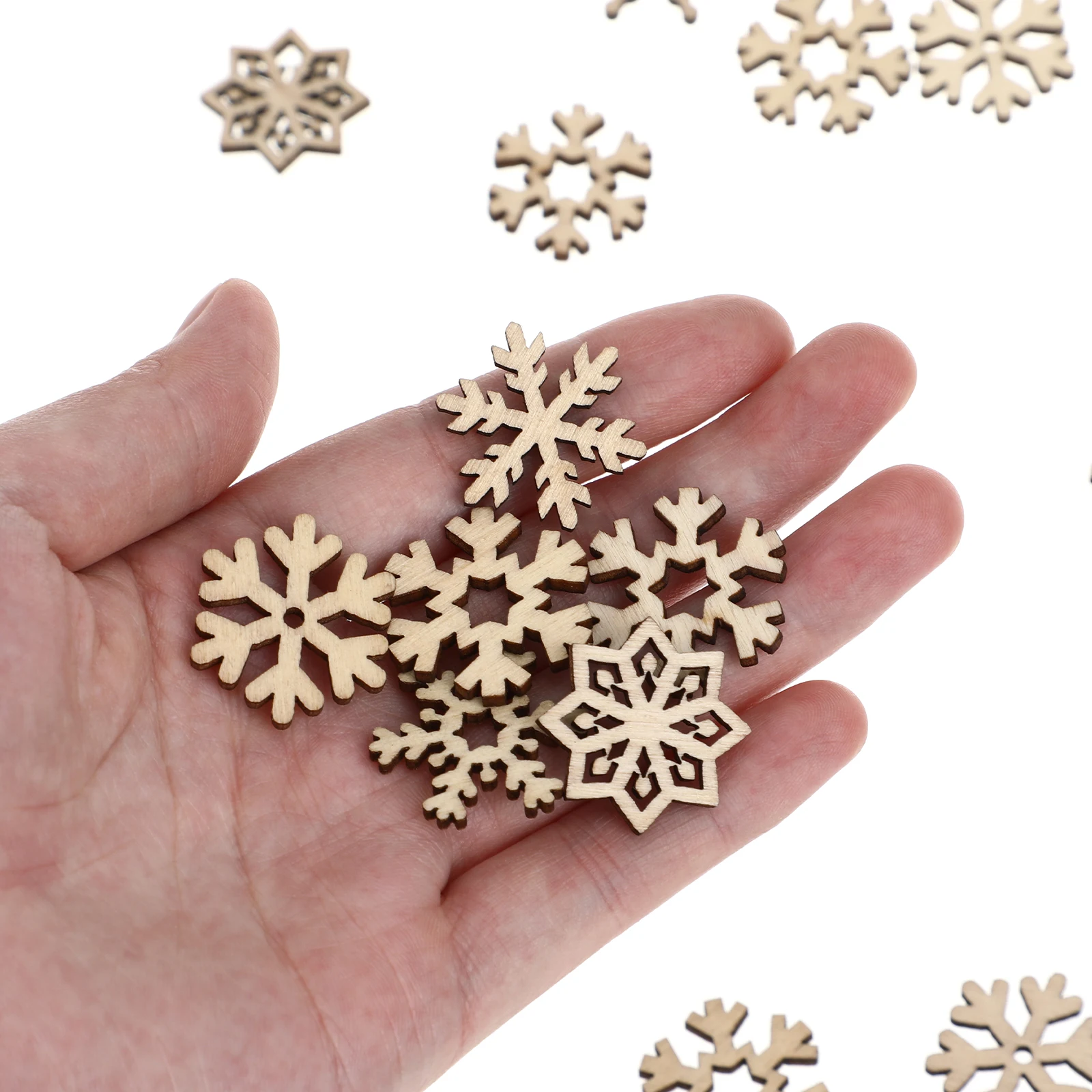 

50pcs Wooden Snowflake Cutouts Assorted Patterns Premium Wood Craft Pieces Diy Decorations For Christmas Birthday Wedding Party