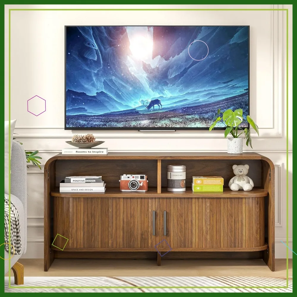 Mid Century Modern TV Stand for 40-43 Inch TVs, Walnut Wood Media Console with Sliding Doors