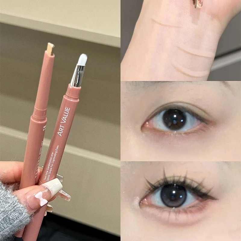 Lápiz de cejas 2 en 1 de doble cabezal, resaltador de Color rosa y marrón, barra de maquillaje para línea de pestañas inferiores naturales, resistente al agua y de larga duración