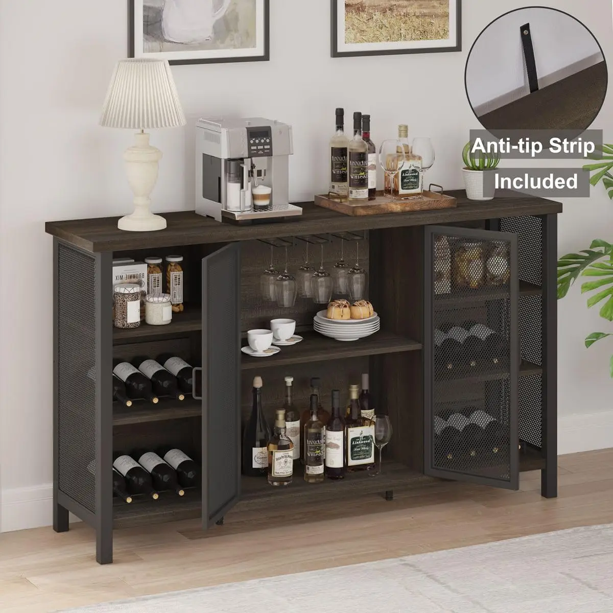 Armoire de bar à vin pour français ou verres, armoire de café-bar industriel, buffet de ferme et armoire de planche avec stor