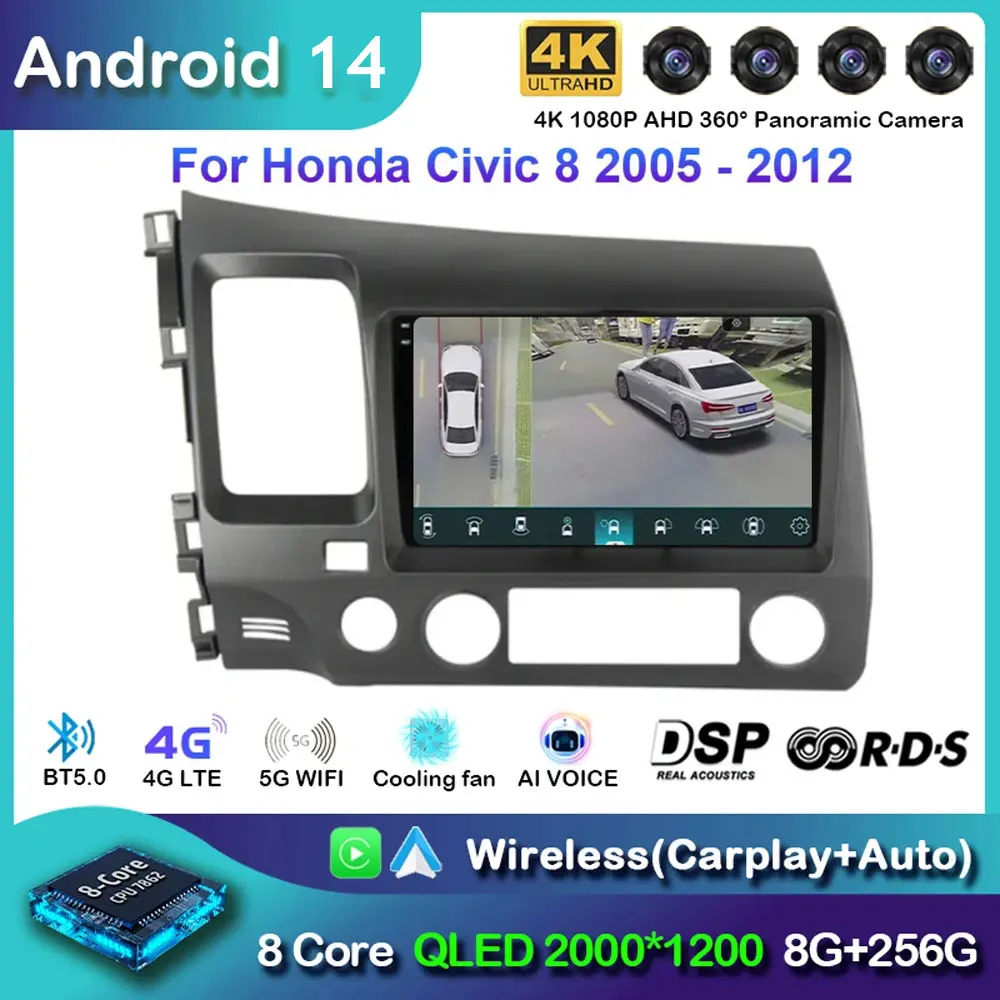 

9 "Android 14 Carplay Автомобильное стерео радио для Honda Civic 8 2005-2012 Мультимедийный плеер Навигация GPS 2 Din 4G WIFI Аудио DVD