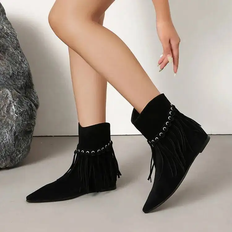 2026 أشار تو الجلد المدبوغ شرابة الكاحل أحذية منخفضة الكعب الجوارب القصيرة حذاء كاجوال #4