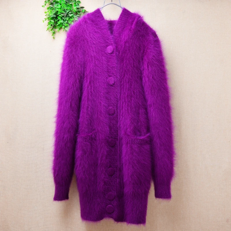 Female Women Fall Winter Purple Hairy Mink Cashmere Knitted Hooded Long Sleeves Slim Cardigans Angora Fur Sweater Jacket Sweater