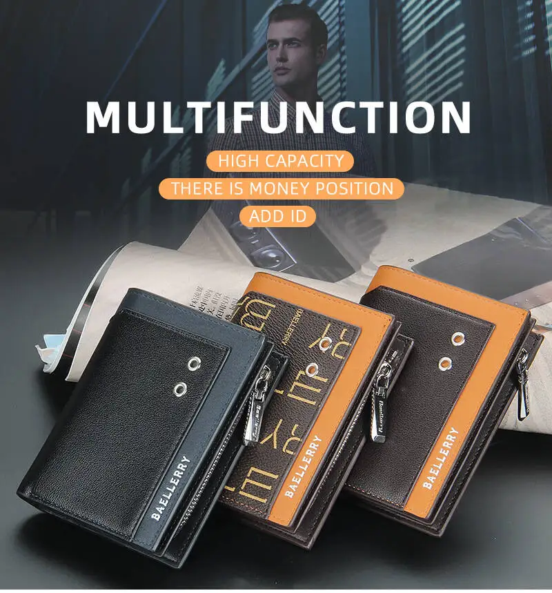 Baellerry Men's PU Wallet Short Bifold Zipper Pocket & Card Slots Stylish Logo Print Slim Purse For Daily Use Men's Short Wallet