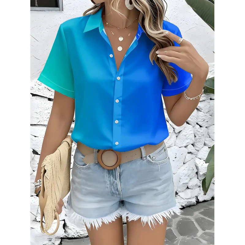 Women's Casual Short Sleeve Button Up Shirt Collar Full Body Ombre Gradient Print Spring Summer Office Semi Formal Wear Machine