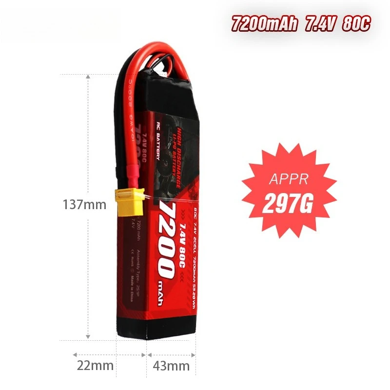 7200mAh 80C 7,4V/2S/modelauto's lithiumbatterij