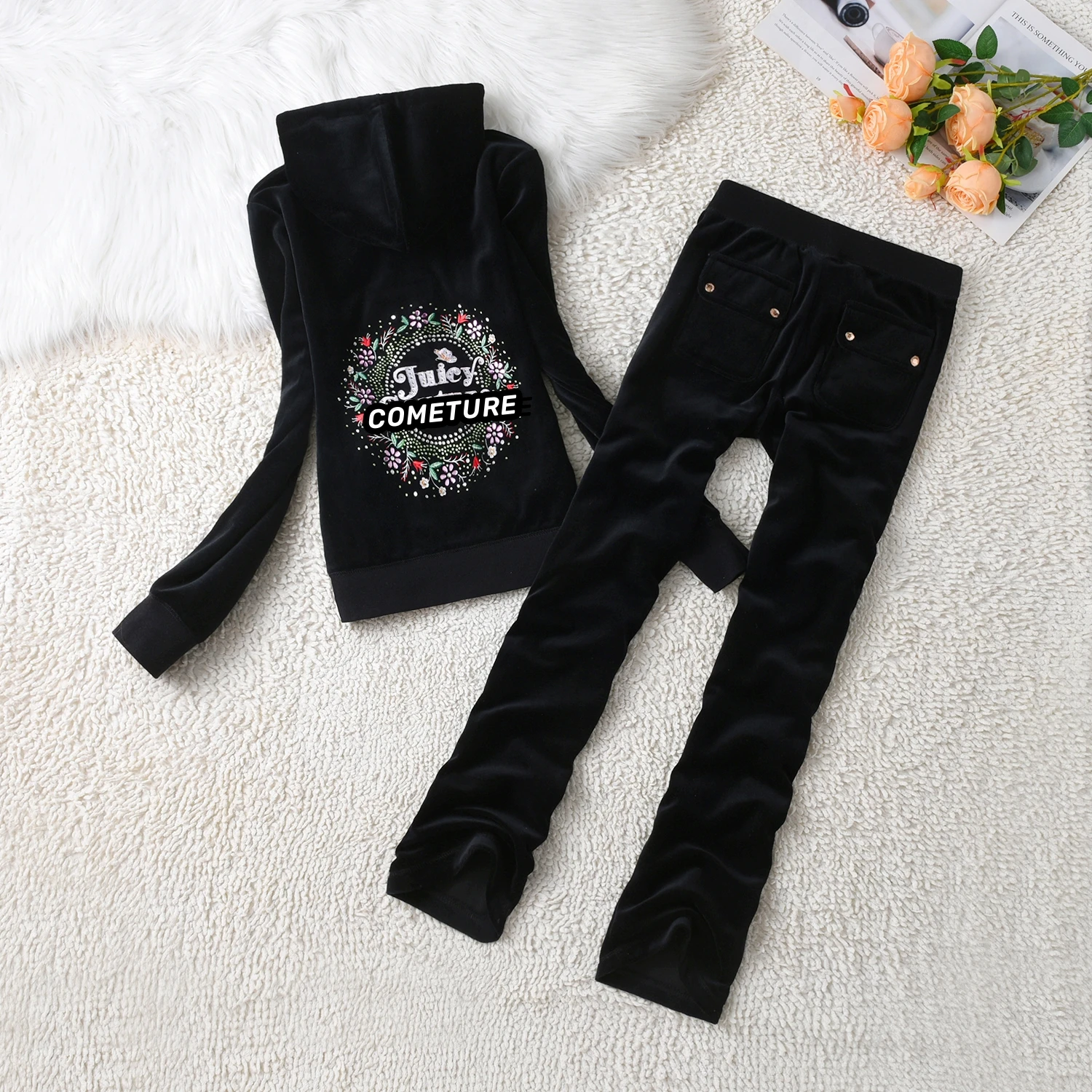 2025 New Juicy Cometure Velvet Tracksuit Embroidered Crystal Flower Pattern Hooded Sweatshirt Casual Sports Velvet Suit 2pc