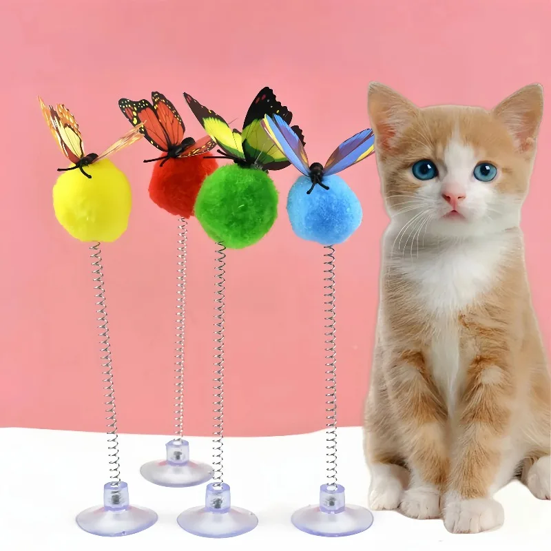 Cute Cat Spring Ball Toys with Suction Cups and Butterfly Design, Available in Packs of Durable and Self-Entertainment Cat Toys