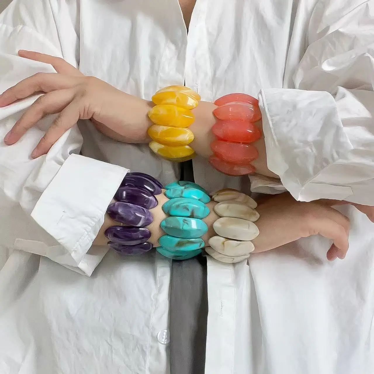 Bohomia Smudged Oval Acrylic Elastic Bangles for Women Unique Design Versatile Bracelets Light Luxury High-end Party Jewelry