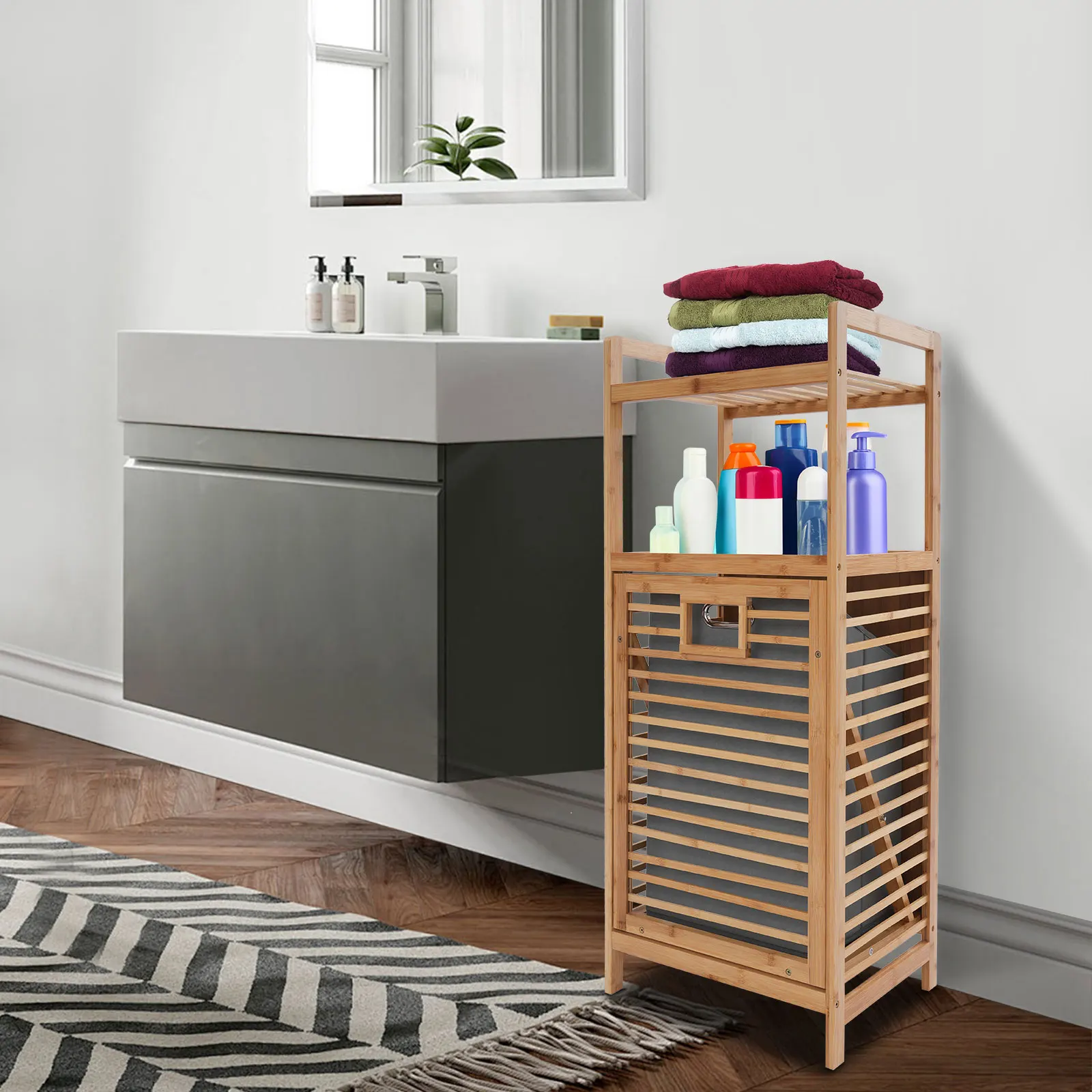 

Gray Bamboo 40*30*95cm Dumper Dirty Laundry Basket with Double Storage Rack and Detachable Non-woven Bucket