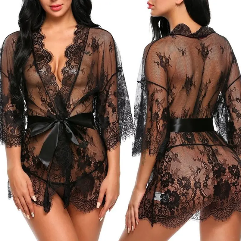 Women\'s Lace Kimono Robe Babydoll Lingerie Mesh Nightgown Sexy Lingerie Woman Erotic Pajamas