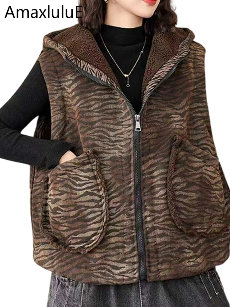 

Amax LuluE Winter Warm Leopard Sleeveless Coats Womens Classic Loose Leisure Fur Vest Ladies Vintage Cotton Thicken Waistcoats