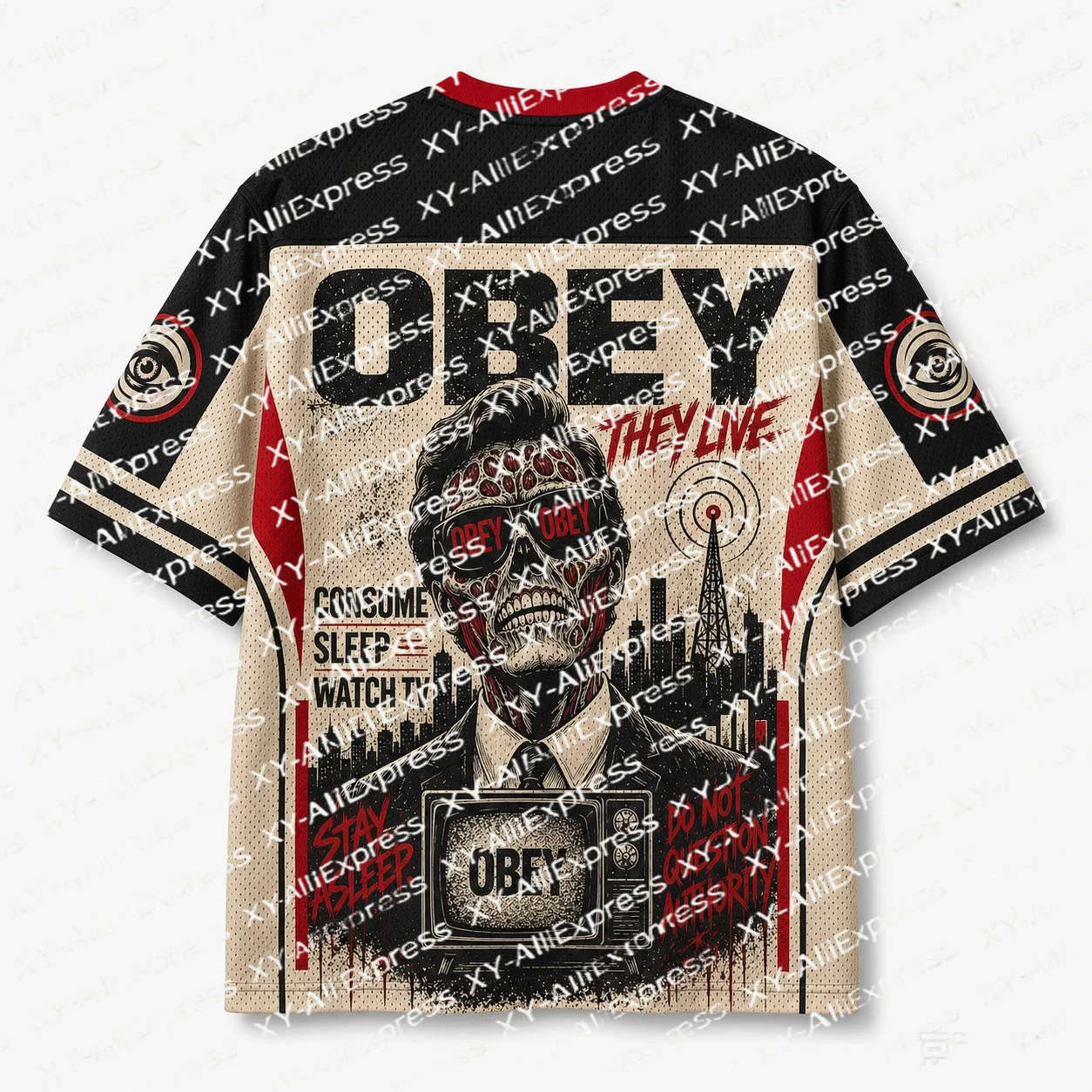 Worn Editorial Poster Jersey. Antique Cream Base, Strange Portrait & Signal Symbols, Gritty Aged Vintage Print Texture.