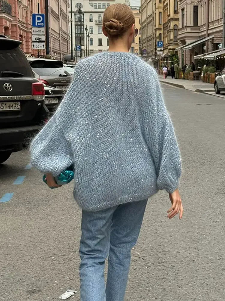 Cardigã mohair fofo para mulheres, cardigã brilhante elegante, gola V solta, mangas de lanterna, casacos de peito único, malha chique feminina, 2024