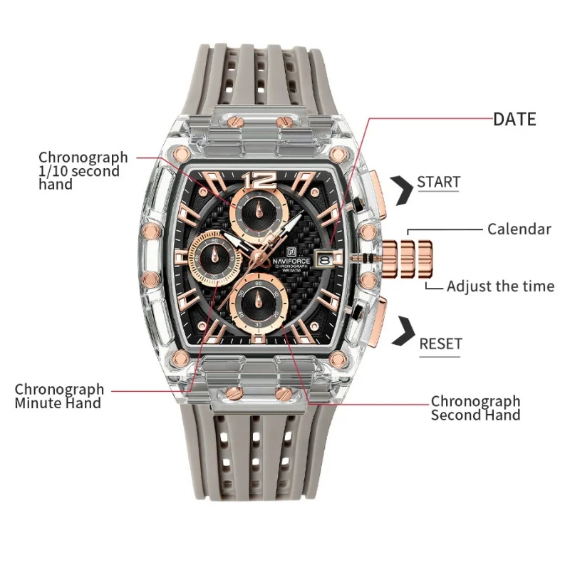 NAVIFORCE Men Chronograph Quartz Watch 5ATM Waterproof Luminous Silicone Strap Casual Sports Wristwatch Gifts box view 5