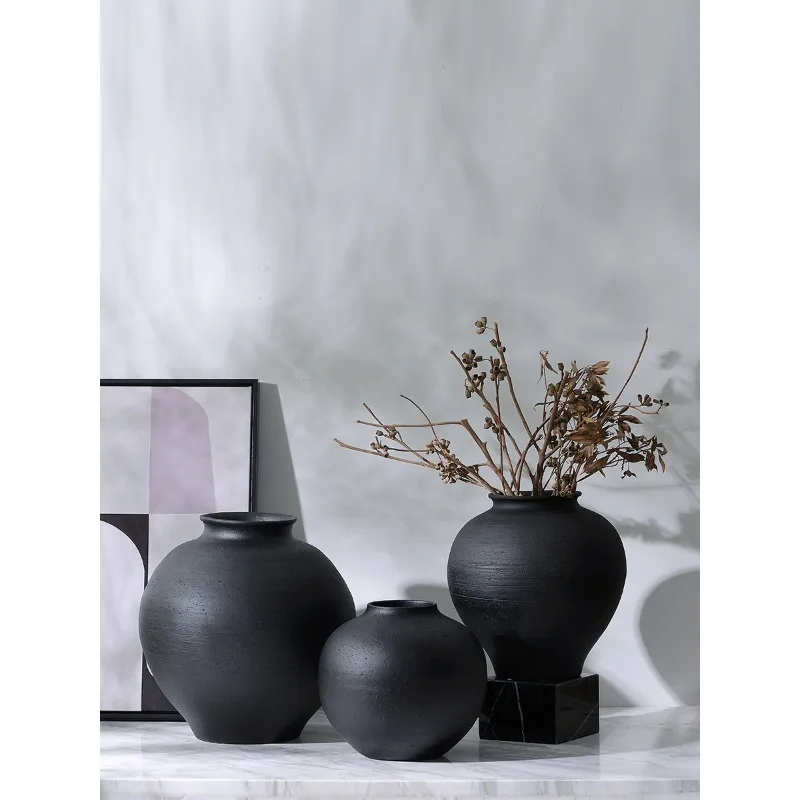 Retro black coarse pottery pot living room ceramic vase ornament