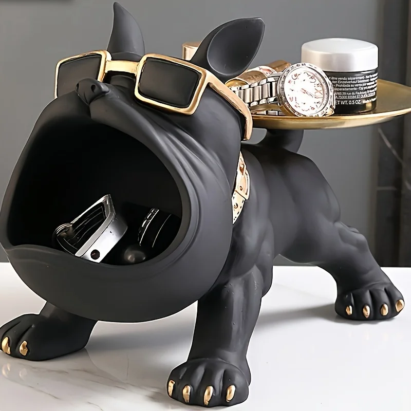 

Black French Bulldog Storage Decoration Set of 1 - Fashionable Resin Statue with Golden Collar, Glasses and Watch Tray for gift
