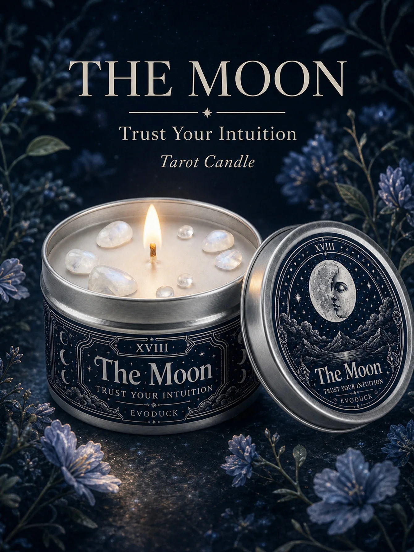 EVODUCK The Moon Tarot Candle with White Crystal Stones, Ivory Wax Scented Silver Tin Candle, Trust Your Intuition Spiritual Ritual Candle for Meditation, Moon Ritual Dream Sleep, Celestial Witchy Decor, Birthday Halloween Christmas Gift for Women