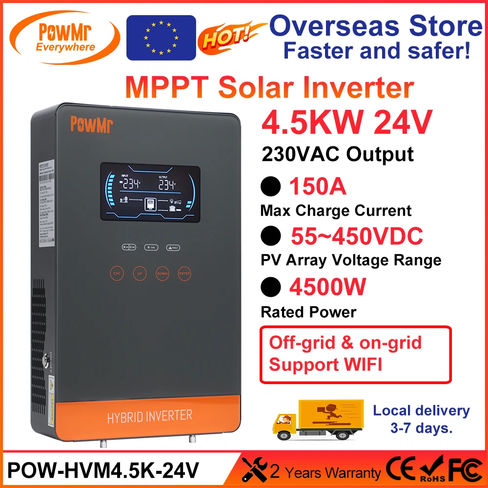 EU Store PowMr 4500W 24V Hybrid Inverter 230VAC With 6.25 Inches LCD Screen & Touch Buttons & MPPT 150A Solar Charger Controller