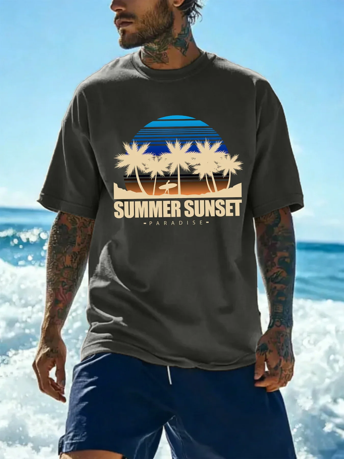Retro Sunset Palm Surfboard Print Men's 100% Cotton T-Shirt Summer Short Sleeve Crew Neck Loose Beach Vacation Surf Top
